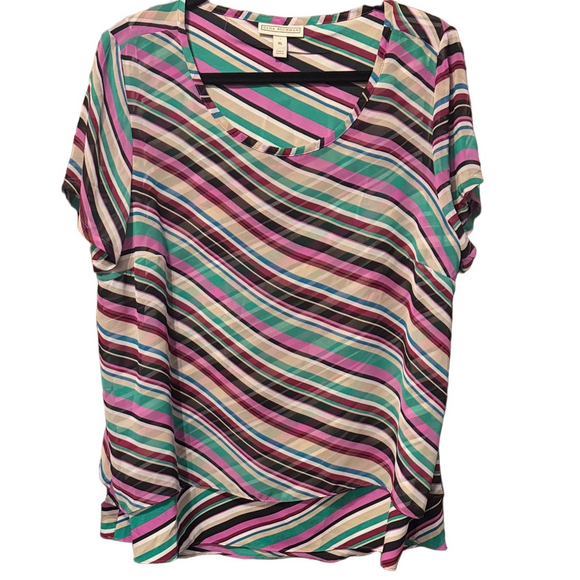 Dana Buchman Short Sleeve Diagonal Multicolor Striped Blouse with Sheer Overlay - Picture 1 of 4
